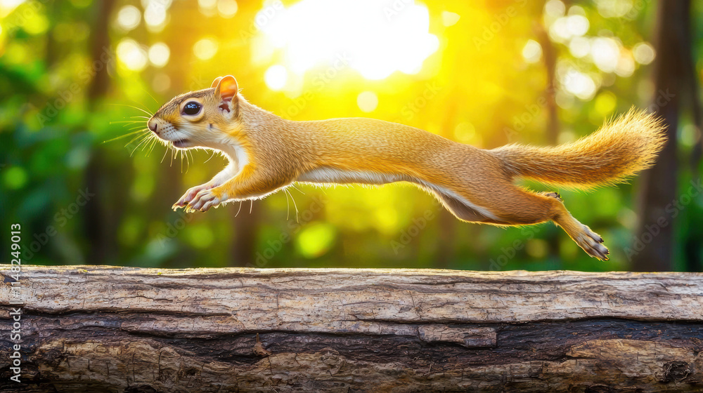 Obraz premium lively squirrel leaps gracefully over log in sunlit forest