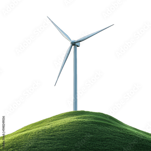 Wind turbine standing tall on a green hill with a clear sky isolated on transparent background png