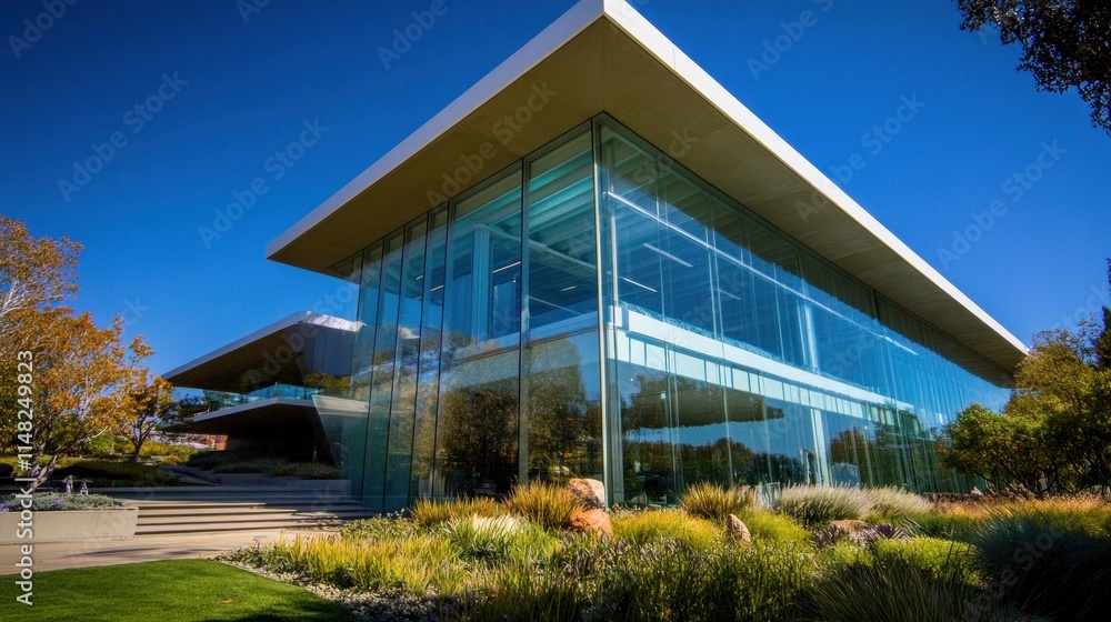Modern glass office building with landscaped grounds under a clear blue sky. Modern glass office building with landscaped grounds under a clear blue sky.