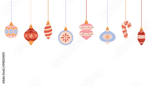Christmas banner with Xmas balls. Christmas tree decor banner on white background. Holiday decoration template. Christmas season background with hand drawn tree decor