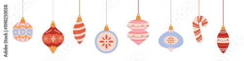 Christmas banner with Xmas balls. Christmas tree decor banner on white background. Holiday decoration template. Christmas season background with hand drawn tree decor