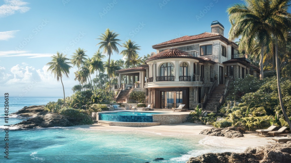 Luxurious beachfront villa with infinity pool, palm trees, and ocean view. Luxurious beachfront villa with infinity pool, palm trees, and ocean view.