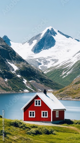 Red wooden house in mountain valley. Scenic rural landscape with snowy peaks. Cozy countryside home. Nature, travel, and adventure concept. Perfect for postcards, invitations, and wall art. photo