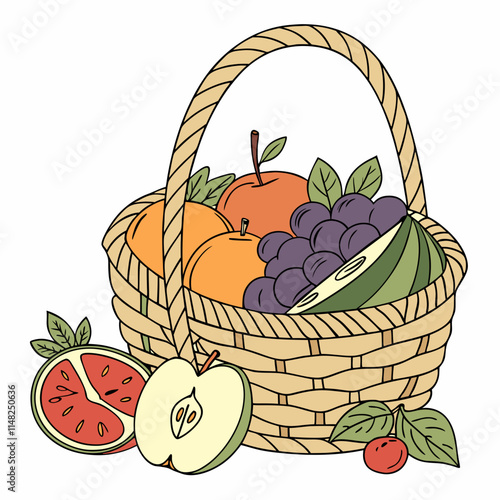 A wicker basket filled with fresh fruits on white background