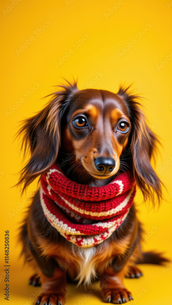 A cute brown long-haired Dachshund wearing a colorful scarf with stripes on a yellow background. A cute brown long-haired Dachshund wearing a colorful scarf with stripes on a yellow background.