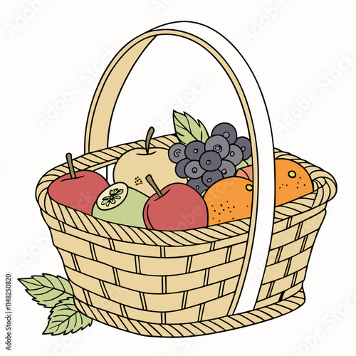 A wicker basket filled with fresh fruits on white background