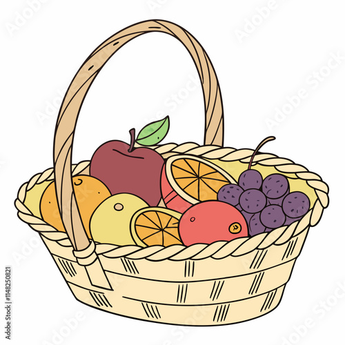 A wicker basket filled with fresh fruits on white background
