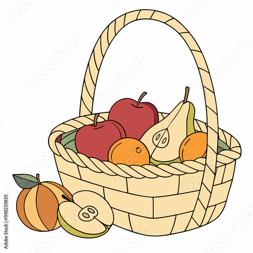 A wicker basket filled with fresh fruits on white background