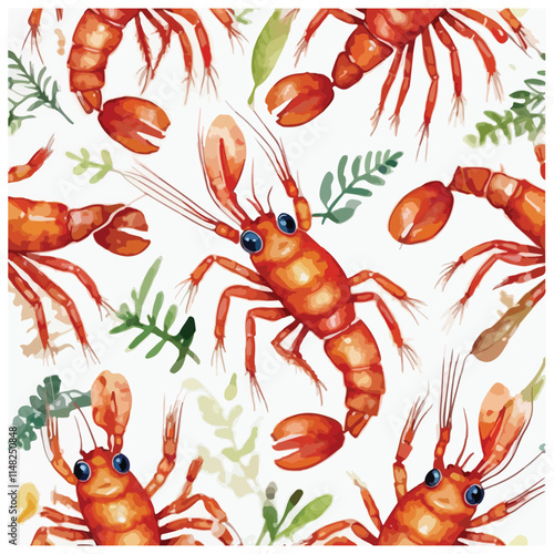 Watercolor vector of a cartoon shrimp, isolated on a white background, shrimp animation