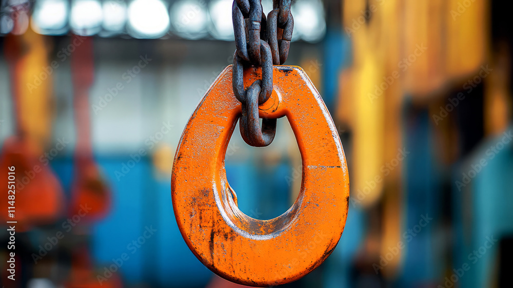 Orange Industrial Lifting Hook with Chain Hanging in a Warehouse Environment Orange Industrial Lifting Hook with Chain Hanging in a Warehouse Environment