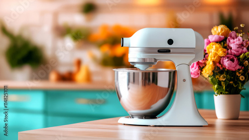 Modern Kitchen Stand Mixer with Stainless Steel Bowl and Colorful Flower Arrangement photo