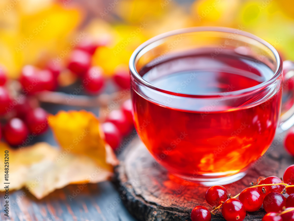 Glass cup of herbal tea surrounded by vibrant autumn leaves and bright red berries Glass cup of herbal tea surrounded by vibrant autumn leaves and bright red berries