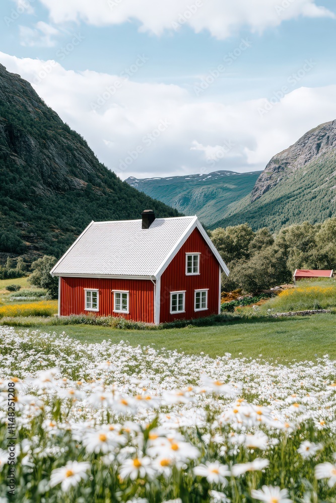 Red wooden house in mountain valley. Scenic rural landscape with snowy peaks. Cozy countryside home. Nature, travel, and adventure concept. Perfect for postcards, invitations, and wall art. Red wooden house in mountain valley. Scenic rural landscape with snowy peaks. Cozy countryside home. Nature, travel, and adventure concept. Perfect for postcards, invitations, and wall art.
