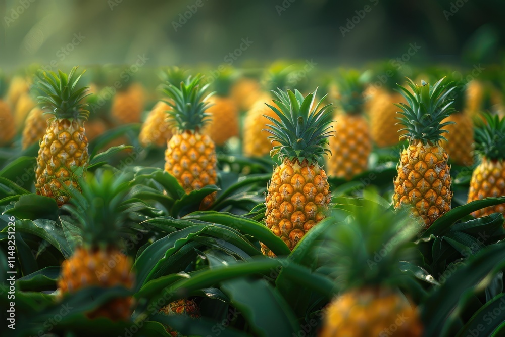 Obraz premium Lush Pineapple Plantation Sunlight Bathes Ripe Fruit