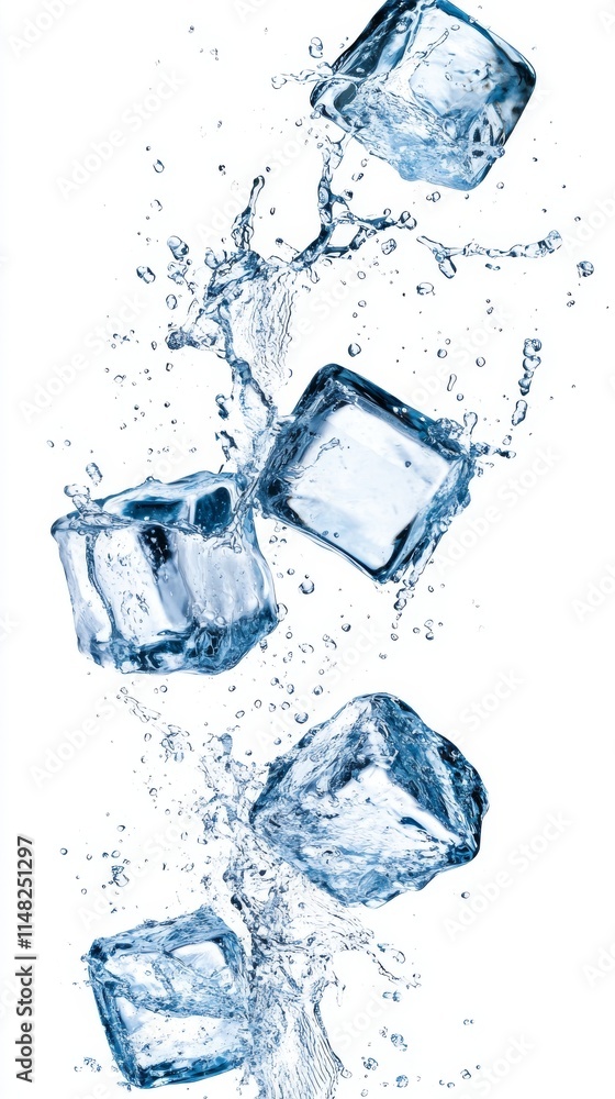 A bunch of ice cubes are floating in the air. The ice cubes are in different sizes and are scattered throughout the image A bunch of ice cubes are floating in the air. The ice cubes are in different sizes and are scattered throughout the image
