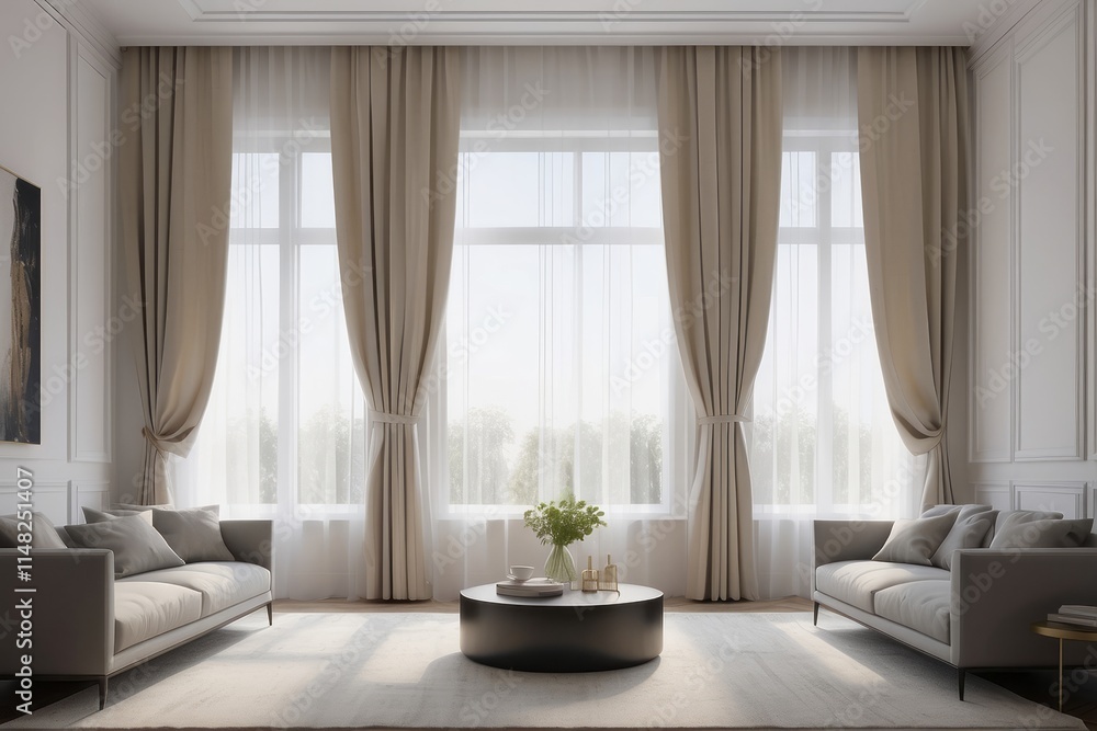 Windows with stylish curtains in living room interior Windows with stylish curtains in living room interior