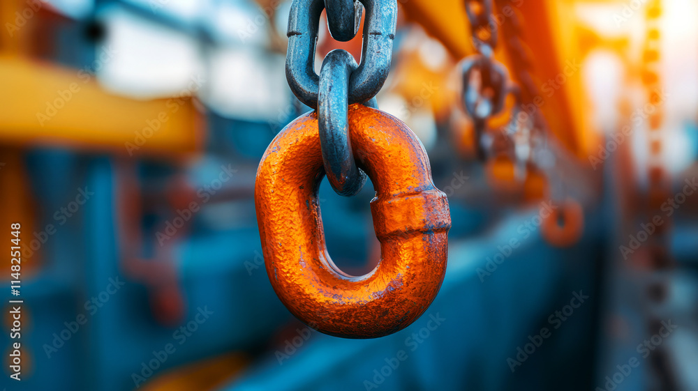 Close-Up of a Rusty Metal Hook Hanging from a Chain in Industrial Setting with Vibrant Background Close-Up of a Rusty Metal Hook Hanging from a Chain in Industrial Setting with Vibrant Background