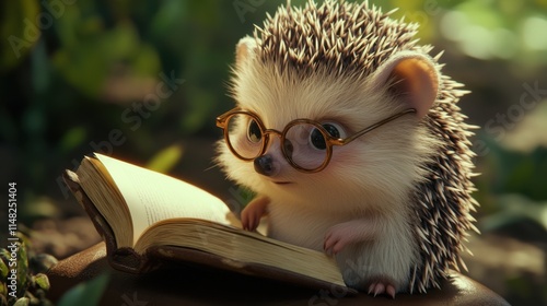 Adorable Hedgehog Wearing Glasses Reading a Book in Nature photo