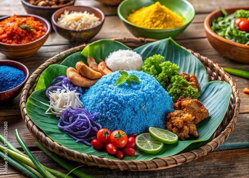 Nasi Kerabu Malaysian Food Photography: Vibrant Colors, Delicious Herbs, Authentic Recipe photo