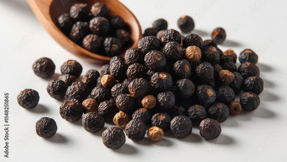 close-up photograph of a pile of black peppercorns with wooden spoon bowl on white background close-up photograph of a pile of black peppercorns with wooden spoon bowl on white background