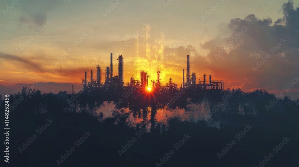 Naklejka premium Industrial sunrise at oil refinery urban landscape photograph twilight aerial view energy production
