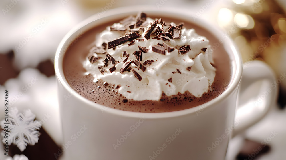 A close-up of a cup of rich hot chocolate topped with whipped cream and shaved chocolate, surrounded by snowflakes (2) A close-up of a cup of rich hot chocolate topped with whipped cream and shaved chocolate, surrounded by snowflakes (2)
