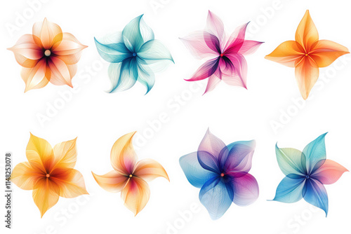 Eight Colorful Floral Designs On Black Background, on transparent background