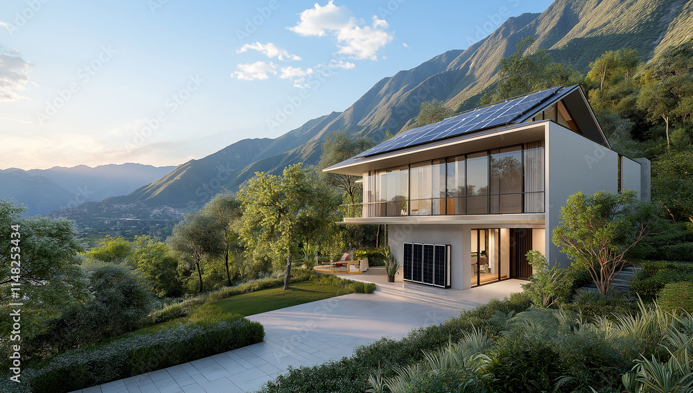 Fototapeta premium modern house with solar panels surrounded by lush greenery and mountains, showcasing sustainable living and beautiful architecture. serene landscape enhances home appeal