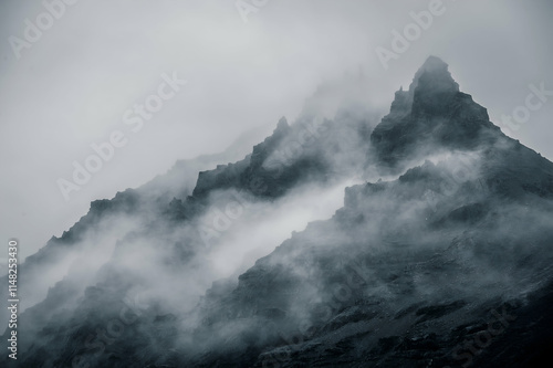 Rocky mountain covered in mist