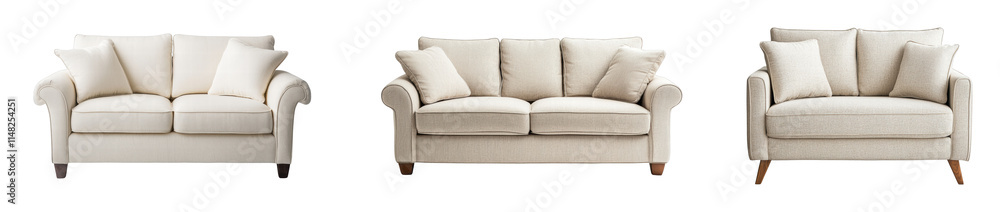 Fototapeta premium Elegant cream sofas with plush cushions in modern design