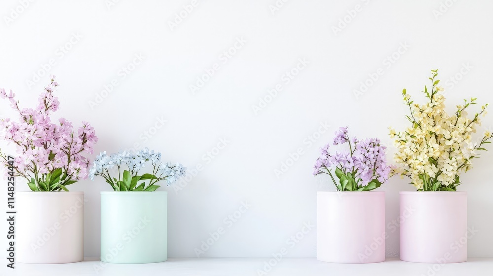Fototapeta premium Pastel flowers in cylindrical vases against white wall.