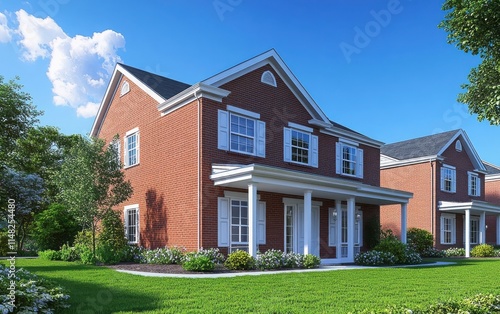 A detailed architectural 3D rendering of a classic two-story American brick house, featuring red brick walls, elegant white-framed windows, a simple green front lawn, and a vivid blue sky backdrop photo