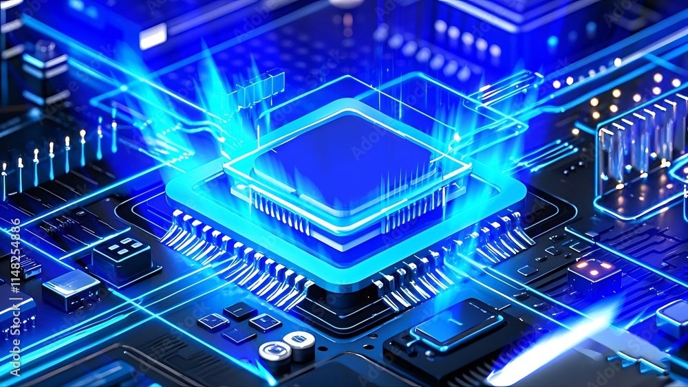 Close-up of a glowing central processing unit (CPU) on a circuit board, showcasing intricate technological details. Close-up of a glowing central processing unit (CPU) on a circuit board, showcasing intricate technological details.