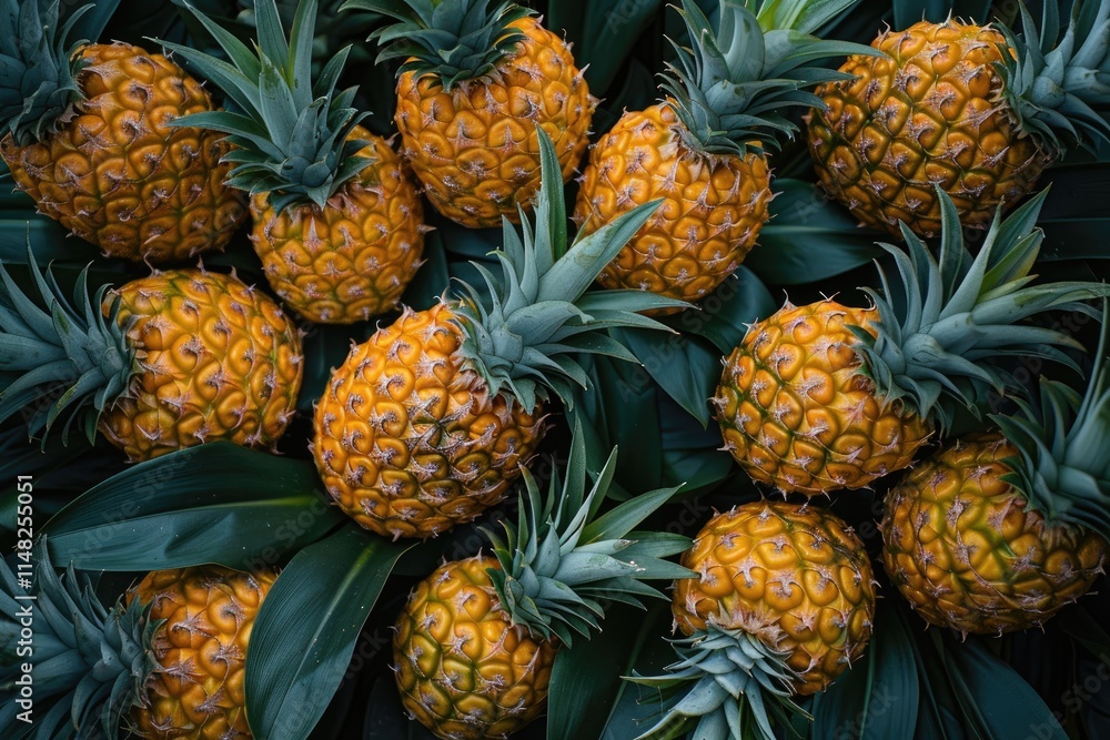 A Collection Of Ripe Golden Pineapples Among Lush Green Leaves A Collection Of Ripe Golden Pineapples Among Lush Green Leaves