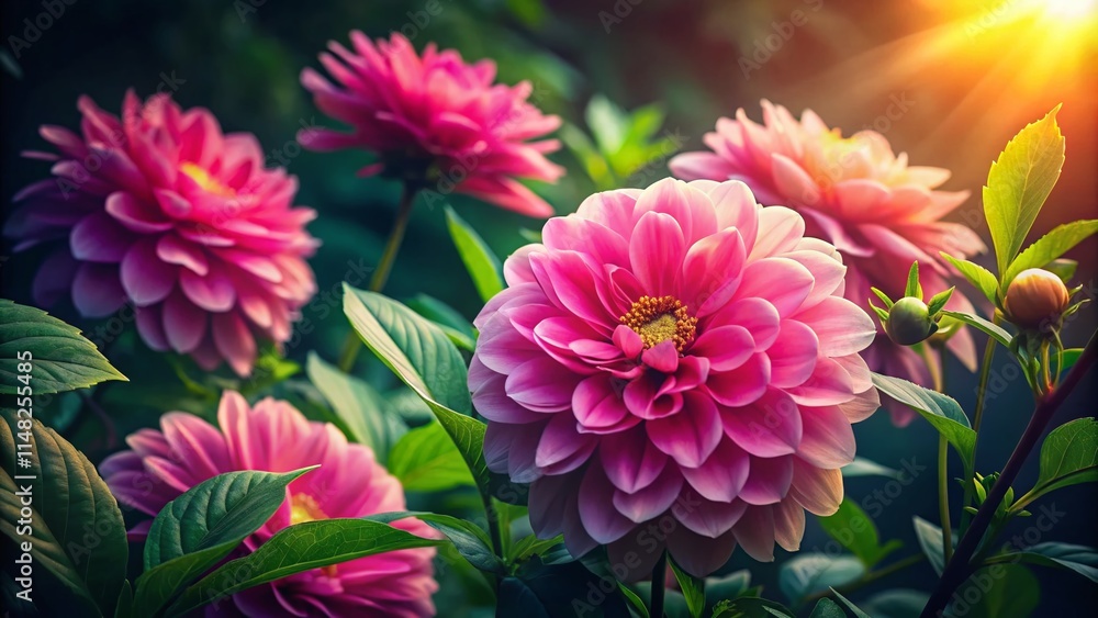 Fototapeta premium Night Blooming Pink Flowers, Lush Green Leaves, Sunlight, Floral Photography, Night Bloom, Pink Flowers, Night Garden, Dark Background, Vibrant Colors