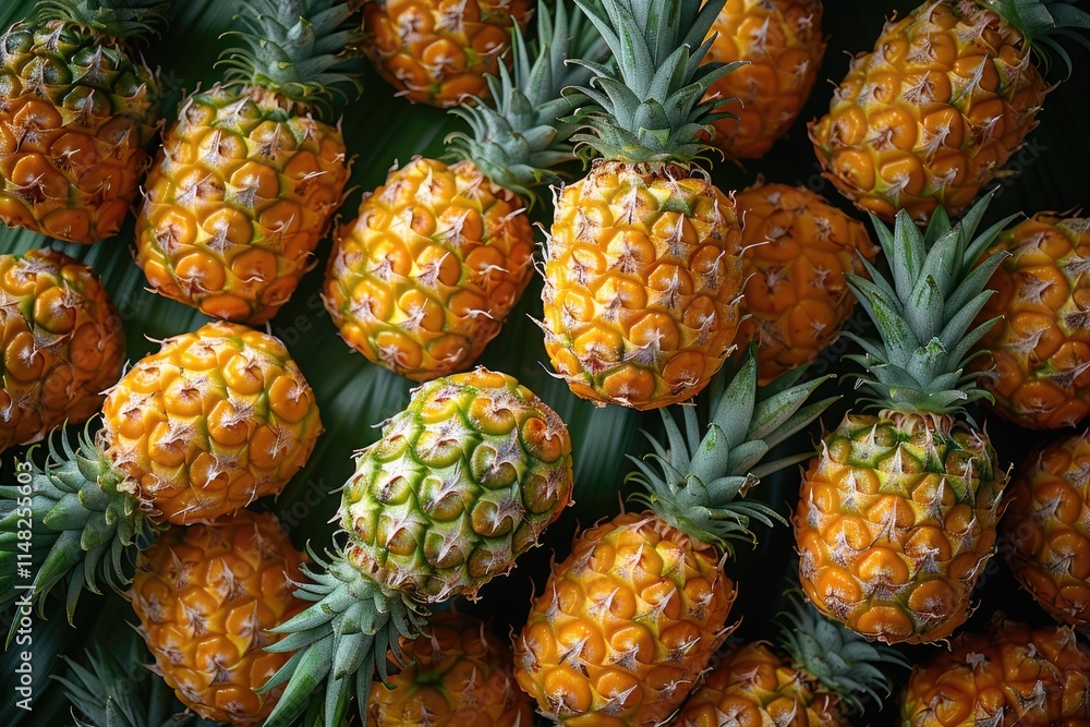 A Collection Of Ripe Yellow Pineapples On Leaves A Collection Of Ripe Yellow Pineapples On Leaves