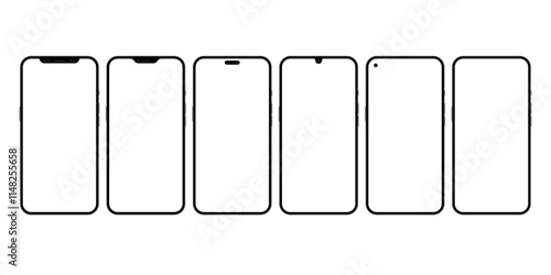 Smartphone mockup set with transparent screen isolated on transparent background, detailed mobile phone mockups, black models smartphone template front view, model 3D mobile phone