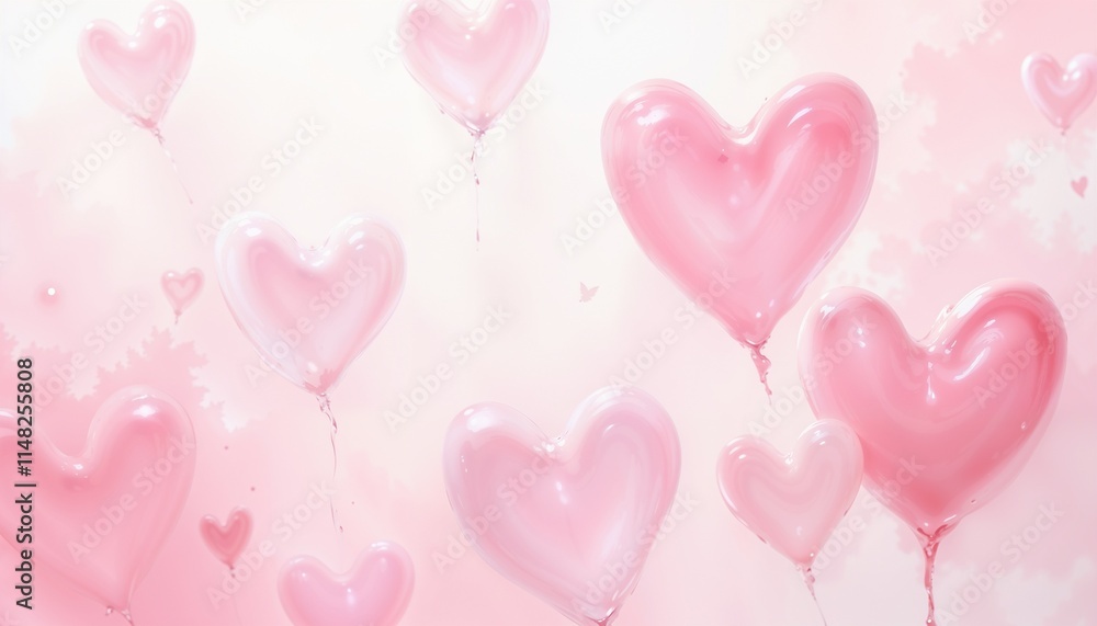 Pink heart-shaped balloons floating on soft pastel background Pink heart-shaped balloons floating on soft pastel background