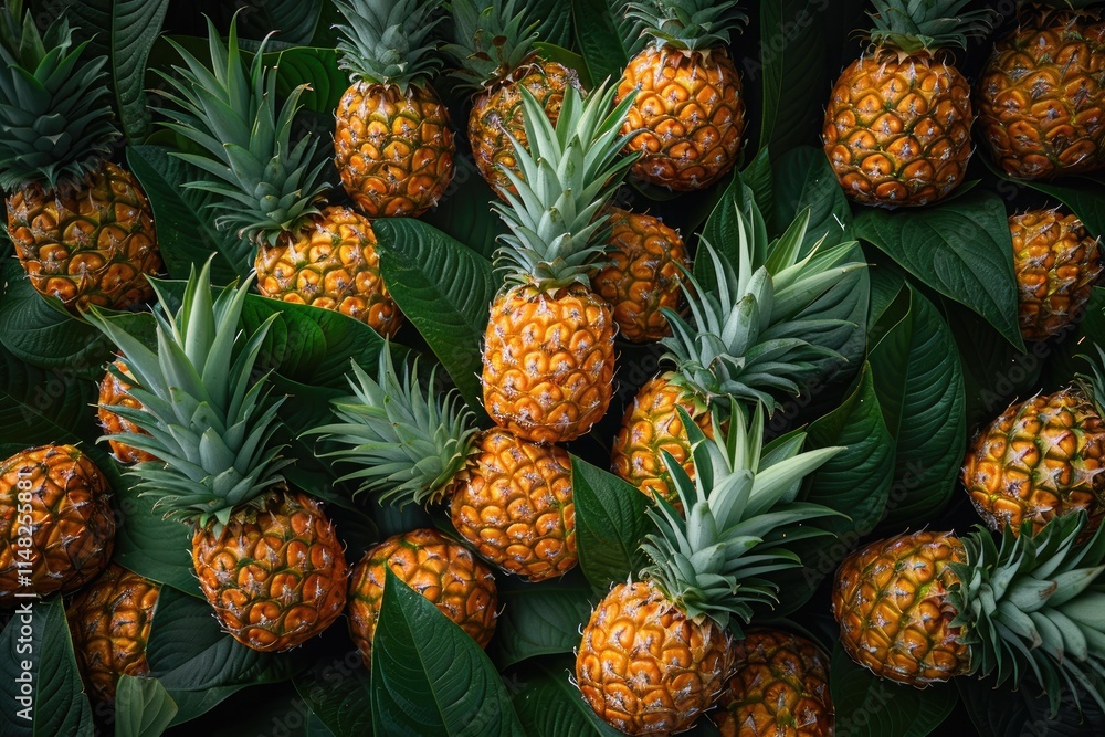 Lush Green Leaves Surround Ripe Golden Pineapples Lush Green Leaves Surround Ripe Golden Pineapples