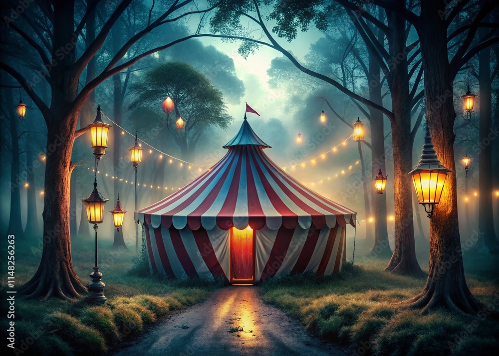 Night Circus, Dark Forest, Lantern Lit Tent, Mysterious Scene, Eerie Ambiance, Fantasy Art, Digital Painting Night Circus, Dark Forest, Lantern Lit Tent, Mysterious Scene, Eerie Ambiance, Fantasy Art, Digital Painting