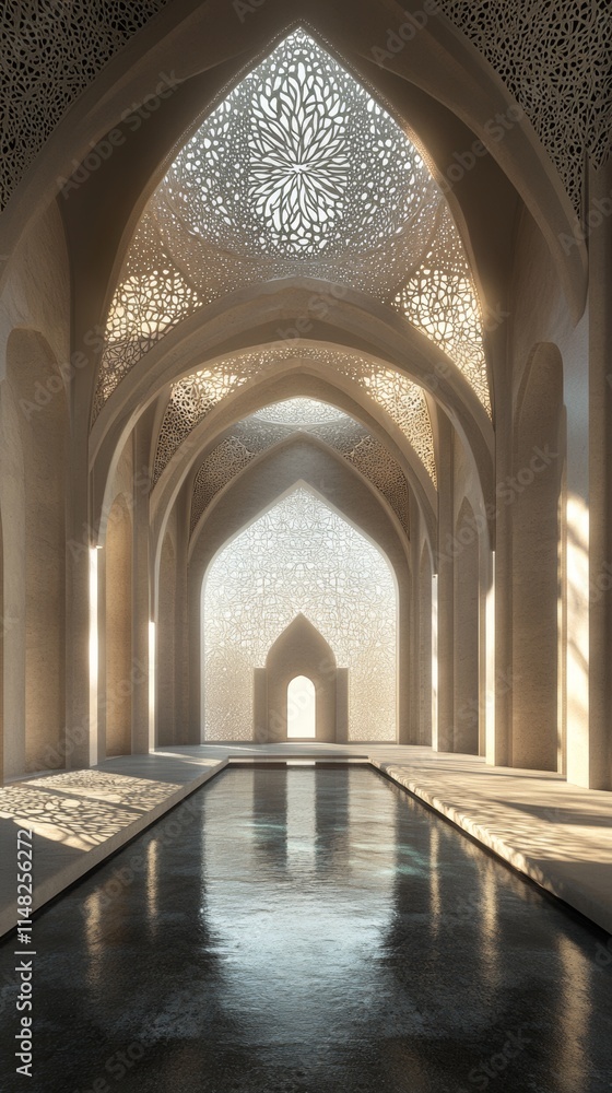 A long hallway with a pool of water in the middle. The water is reflecting the light from the sun A long hallway with a pool of water in the middle. The water is reflecting the light from the sun