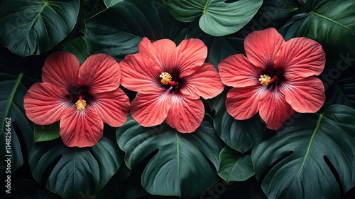 Wallpaper Mural Vivid red hibiscus flowers with lush green leaves set against a black backdrop. Torontodigital.ca