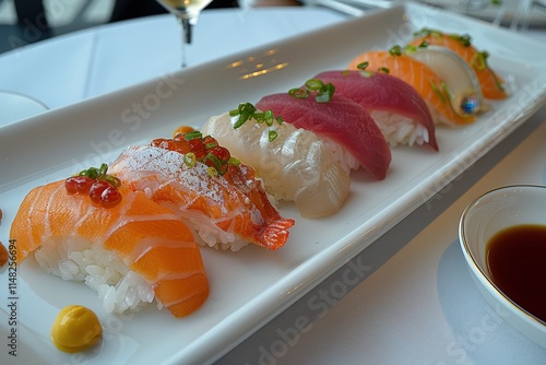 Sushi platter presentation upscale restaurant culinary art indoor setting close-up view gastronomic delight photo