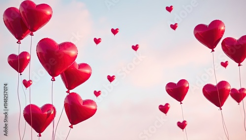 Romantic heart-shaped balloons in pink and red floating against a pastel sky, perfect for Valentine’s Day vector design.