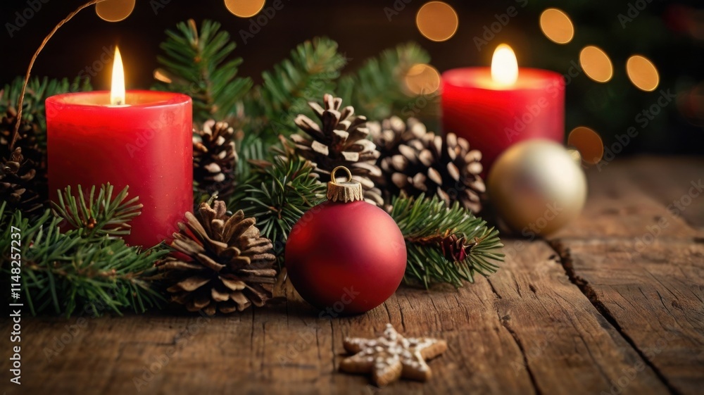 festive Christmas scene with a lit red candle, surrounded by pine branches, pine cones, star-shaped cookies, and Christmas ornaments. The scene is on a wooden background festive Christmas scene with a lit red candle, surrounded by pine branches, pine cones, star-shaped cookies, and Christmas ornaments. The scene is on a wooden background