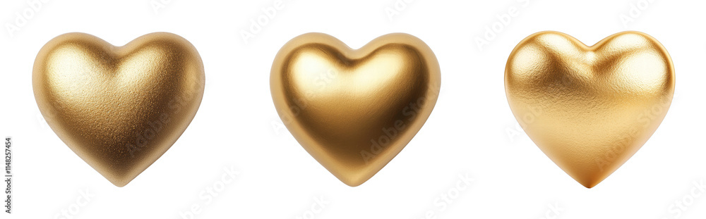 Three golden heart shapes with varying textures Three golden heart shapes with varying textures