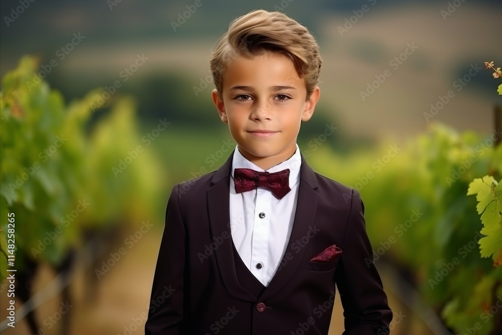 Portrait of a cute little boy in a vineyard, wearing a suit and bow tie Portrait of a cute little boy in a vineyard, wearing a suit and bow tie