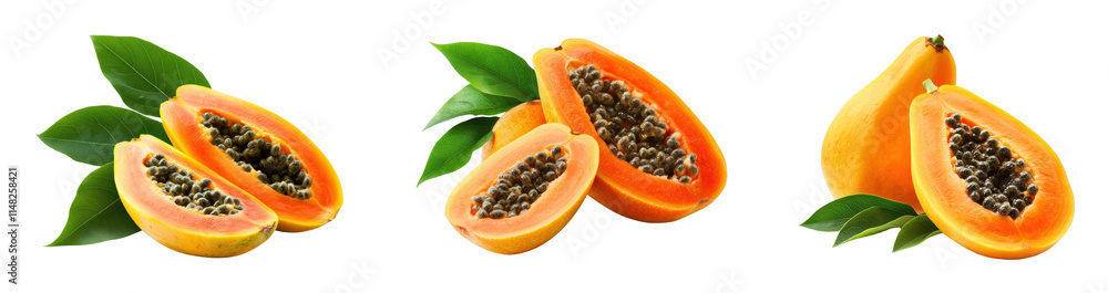 Fresh papaya slices with vibrant orange flesh and seeds Fresh papaya slices with vibrant orange flesh and seeds