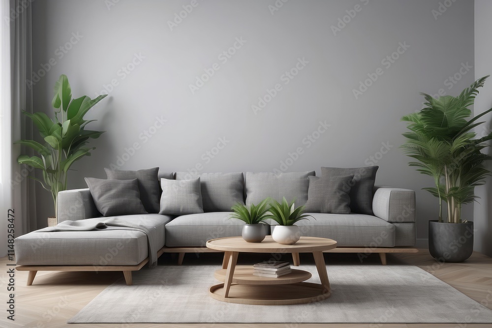 Naklejka premium wooden coffee tables with plant in pot in front of grey corner sofa in fashionable living room interior,