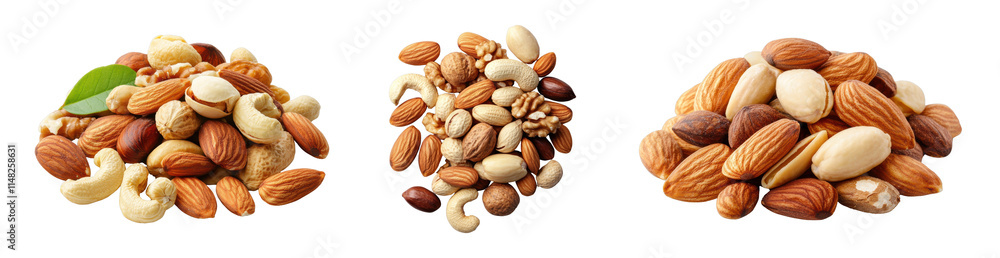 Assorted nuts arranged in three piles on a black background Assorted nuts arranged in three piles on a black background